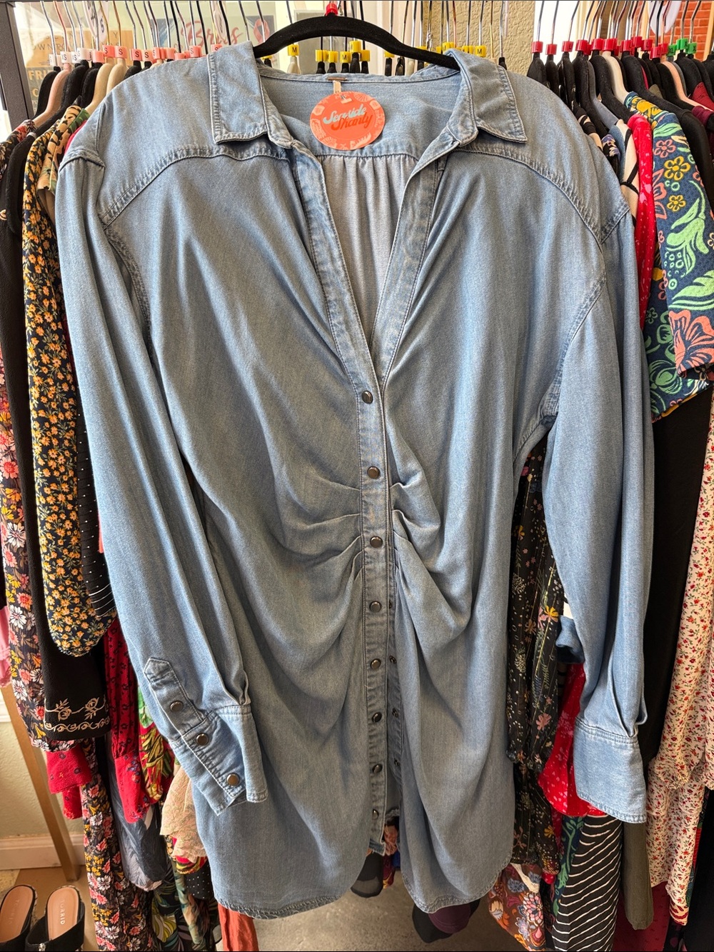 Free People Light Blue Denim Button-Front Gathered Shirt